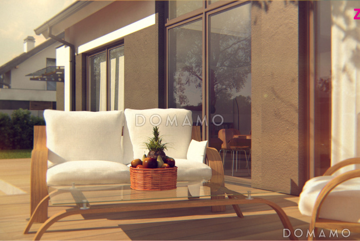 Проект одноэтажного коттеджа из газобетона с мансардным этажом со вторым светом, большим панорамным окном и гаражом 