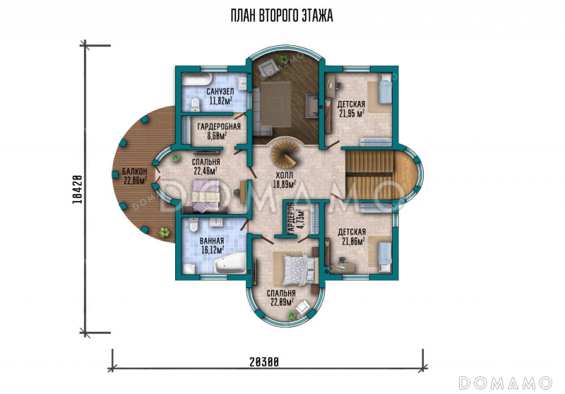 Проект двухэтажного дома с мансардой, четырьмя спальнями и балконом / План 2 этажа