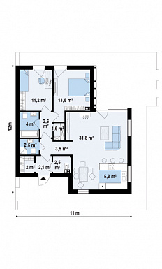 Проект компактного одноэтажного дома из кирпича с косой крышей и с двумя спальнями / План 1 этажа