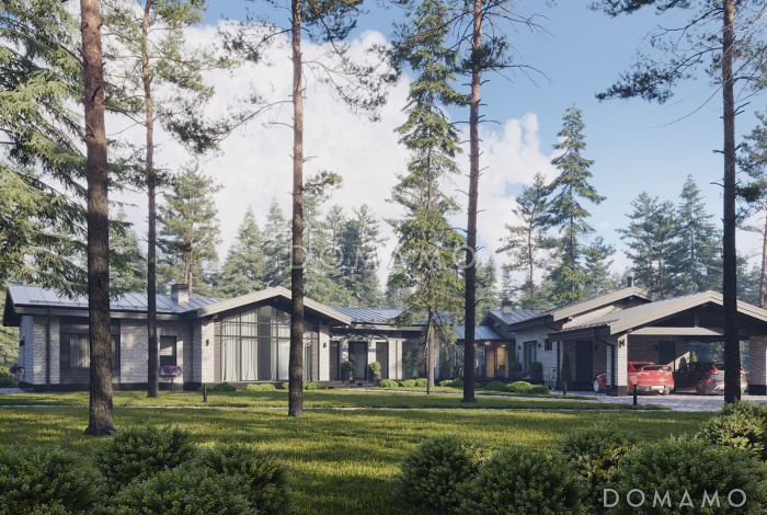 Проект дома сложной формы с навесом для авто, спа-зоной, зимним садом и хозяйской спальней