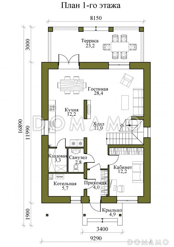Проект двухэтажного газобетонного дома с крытой террасой и четырьмя спальнями на втором этаже / План 1 этажа