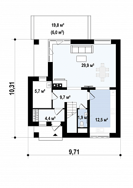 Проект небольшого одноэтажного мансардного дома из кирпича с тремя спальнями и просторной гостиной / План 1 этажа