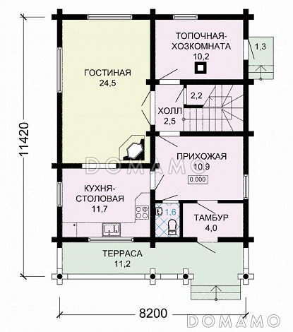Проект деревянного дома с удобствами, просторной гостиной и тремя спальными комнатами / План 1 этажа