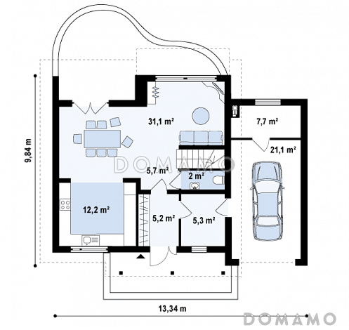 Проект одноэтажного мансардного дома из газобетона с пристроенным гаражом и террасой над ним / План 1 этажа