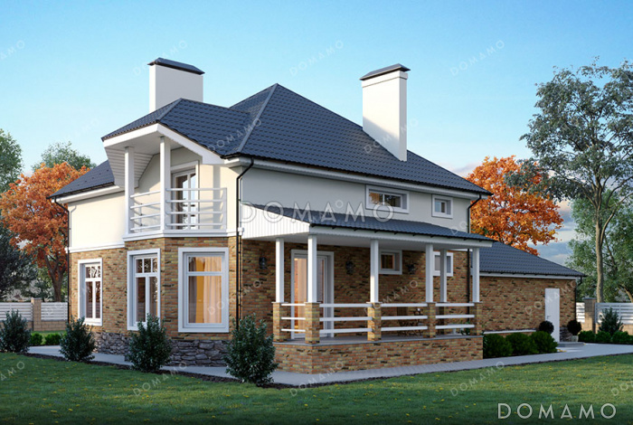 Проект дома с цокольным этажом, тремя спальнями, эркерами и гаражом на 2 машины