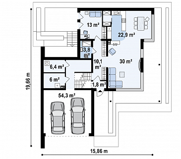Проект современного двухэтажного дома из кирпича с подземным гаражом и террасой на втором уровне / План 1 этажа