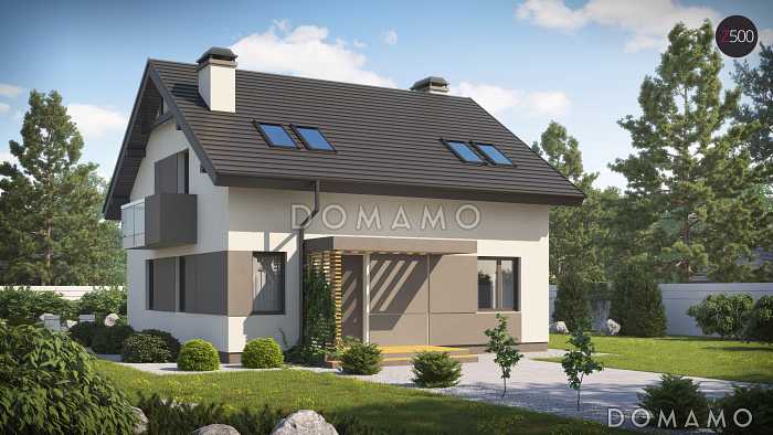 Проект одноэтажного мансардного дома из кирпича в современном исполнении с четырьмя комнатами и балконом