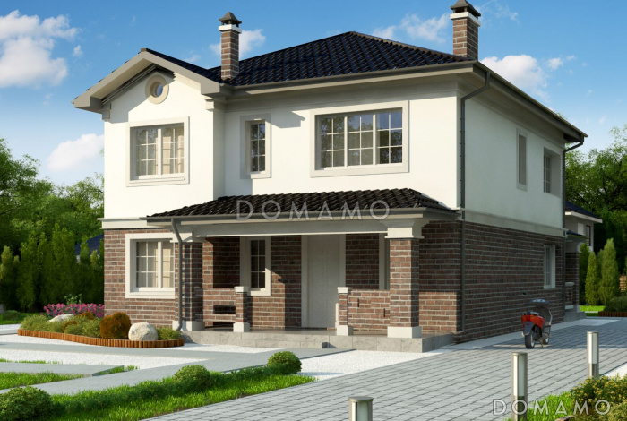 Проект современного двухэтажного дома из кирпича с пятью комнатами и крытой террасой, без гаража