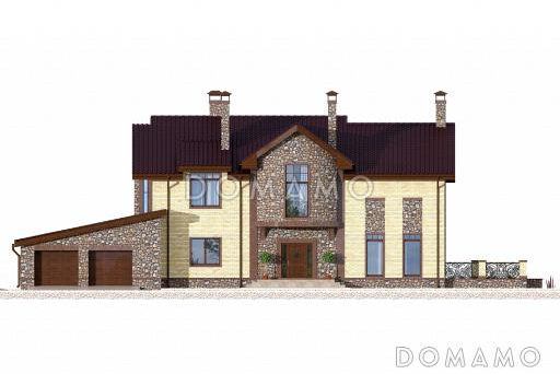 Проект дома из пеноблоков с большой открытой террасой и гаражом на две машины / Фасад 1