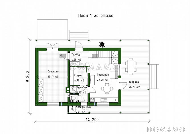 Проект мансардного дома с сауной, летним душем и большой крытой террасой / План 1 этажа