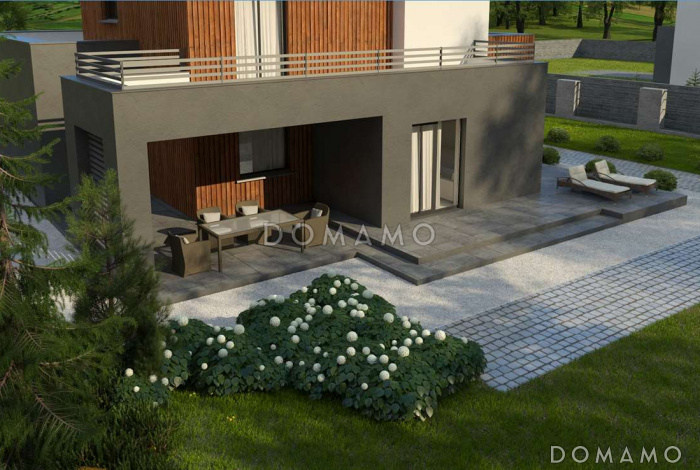 Проект современного двухэтажного дома из газобетона с плоской крышей, четырьмя комнатами, гаражом и террасой на втором этаже