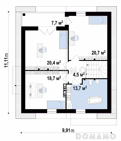 Проект одноэтажного дома из кирпича с мансардным этажом с прямоугольным эркером и балконом / План мансардного этажа