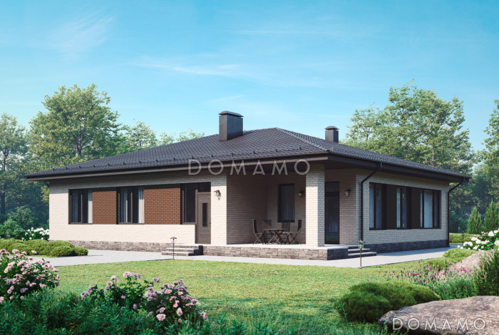 Проект одноэтажного дома с гаражом на один автомобиль, террасой, детскими комнатами, просторной гостиной