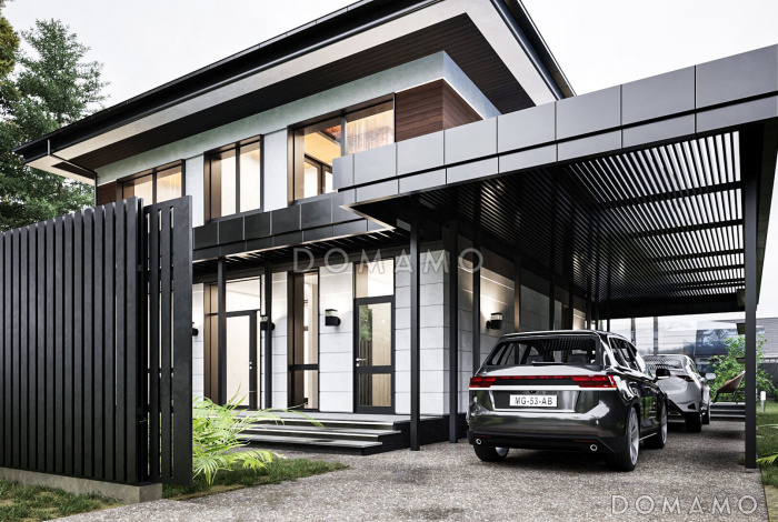 Проект двухэтажного дома с 3 спальнями, кабинетом и автонавесом