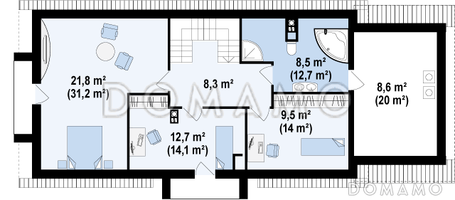 Проект мансардного дома из газобетона с гаражом, прямоугольным эркером и двумя балконами / План мансардного этажа