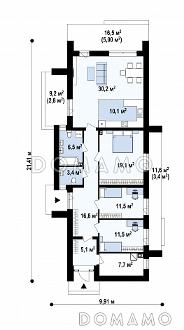 Проект эргономичного загородного дома с террасами, двумя санузлами, объединенной кухней и гостиной / План 1 этажа