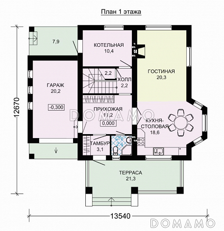 Проект дома из пеноблоков с мансардой, гаражом с подъемными воротами / План 1 этажа