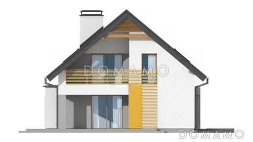 Проект одноэтажного мансардного дома из кирпича с большой гостиной, гаражом и частично крытой террасой / Фасад 4