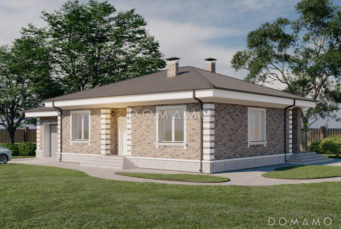 Проект одноэтажного газобетонного дома с тремя спальнями, гаражом и террасой