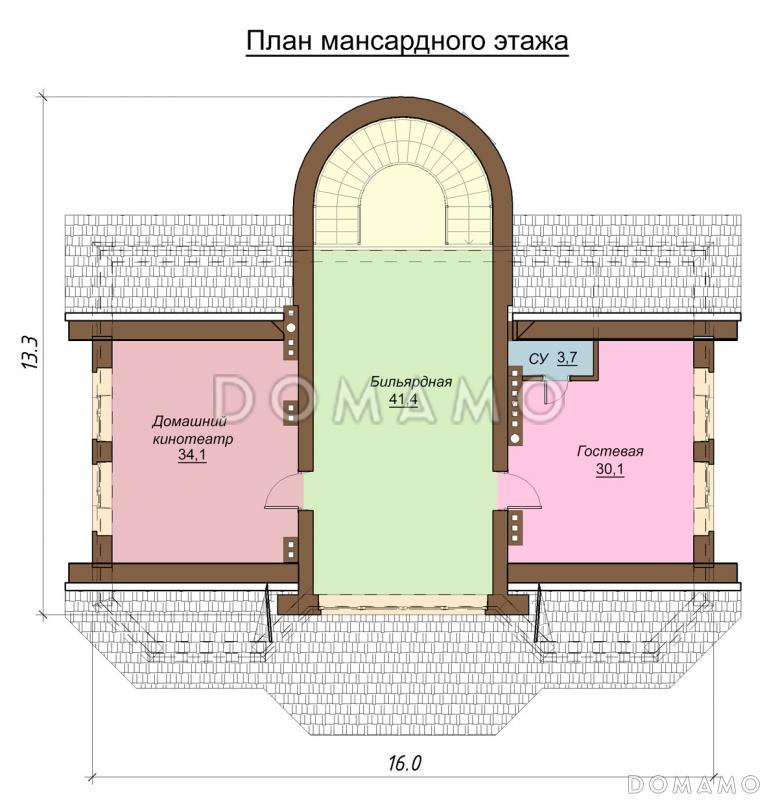 Проект  двухэтажного коттеджа с мансардой, бассейном и кинотеатром / План мансардного этажа