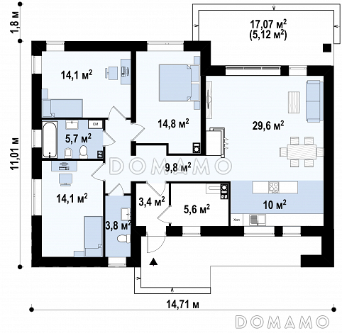 Проект одноэтажного дома с плоской крышей, террасой,  тремя спальнями / План 1 этажа