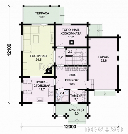 Проект деревянного дома с рациональной планировкой, просторной гостиной и гаражом / План 1 этажа
