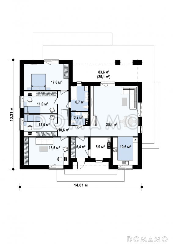Проект одноэтажного дома из газобетона с тремя спальнями и кабинетом / План 1 этажа