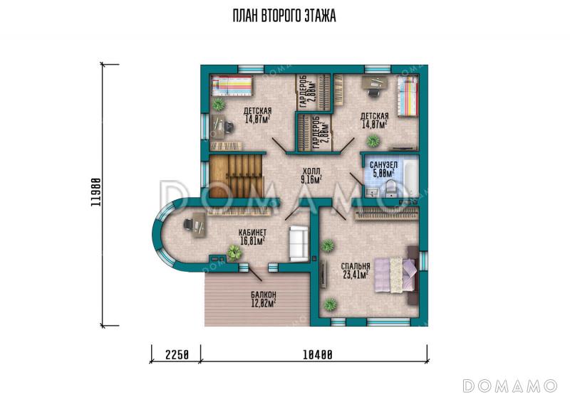 Проект дома с круглым эркером в кабинете, четырьмя спальнями и кладовой на кухне / План 2 этажа