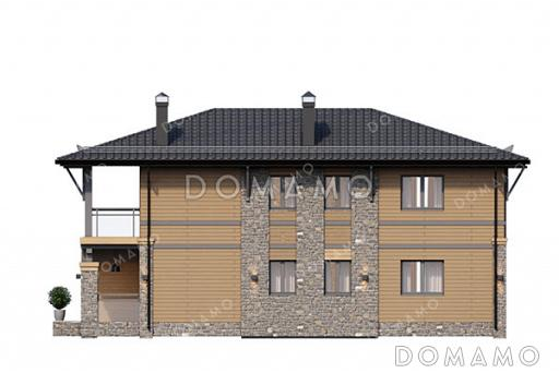 Проект двухэтажного дома с гаражом, 4 спальнями, широким балконом и большим крыльцом / Фасад 1