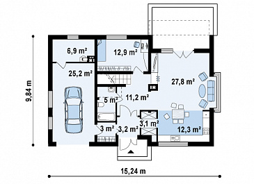 Проект современного мансардного дома из кирпича с четырьмя комнатами, эркером и одноместным гаражом / План 1 этажа