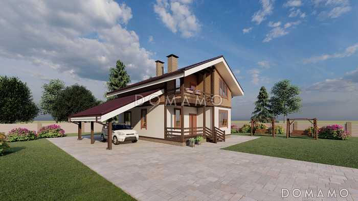 Проект двухэтажного дома с навесом и балконом