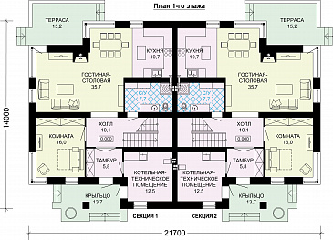 Проект двухэтажного дома-дуплекса из газобетона / План 1 этажа