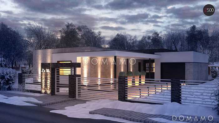 Проект просторного современного одноэтажного углового дома из газобетона с плоской крышей, с гаражом и отделённой спальной зоной