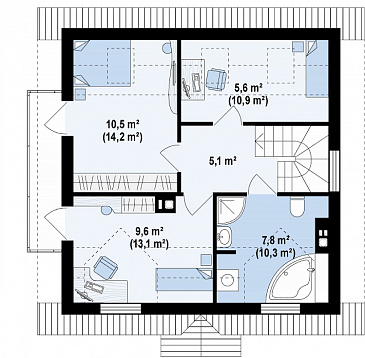 Проект одноэтажного мансардного дома из кирпича с тремя спальнями, балконом и красивыми мансардными окнами / План мансардного этажа