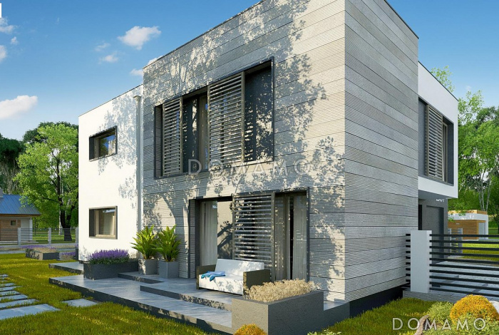 Проект современного двухэтажного дома из кирпича с плоской крышей с четырьмя спальнями, кабинетом и двухместным гаражом