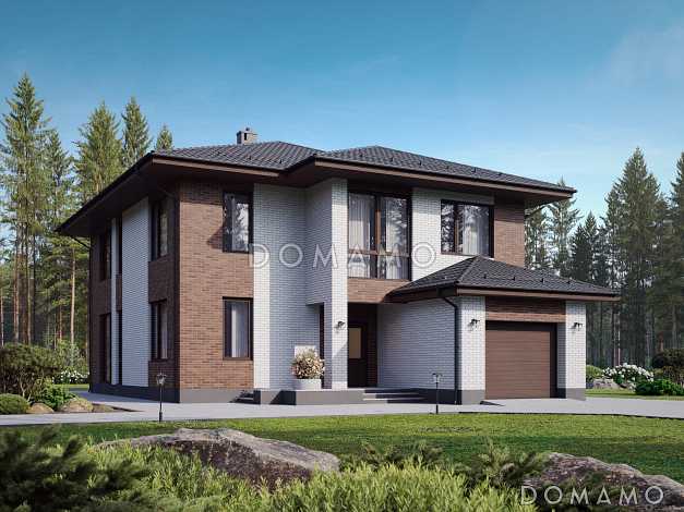 Проект двухэтажного дома с гаражом, комнатой на первом этаже, 3 спальнями и кабинетом