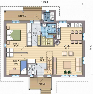 Проект каркасного дома с мансардой и санузлом / План 1 этажа