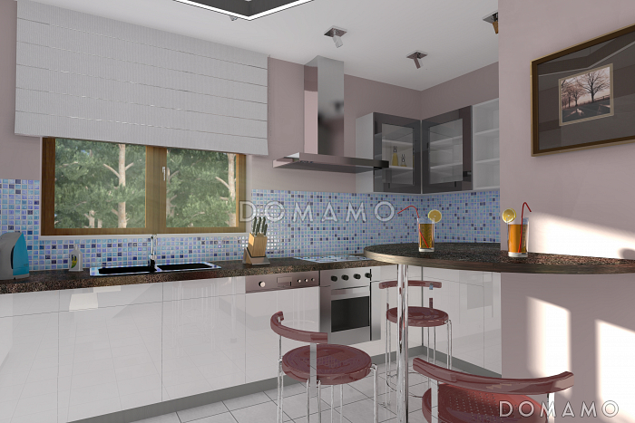 Проект дома с просторной открытой террасой, гаражом, спальнями и большим балконом-террасой на втором этаже