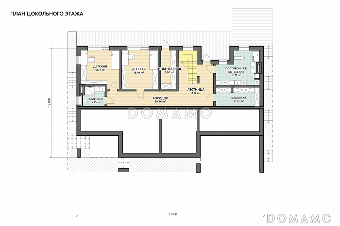 Проект современного дома с цокольным этажом, плоской кровлей, террасой с барбекю / План цокольного этажа
