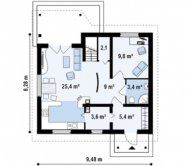 Проект уютного мансардного дома из газобетона с тремя спальнями и кабинетом / План 1 этажа