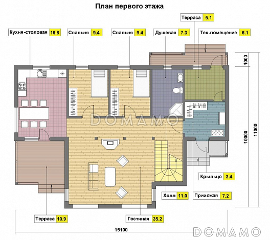 Проект каркасного дома с балконом / План 1 этажа