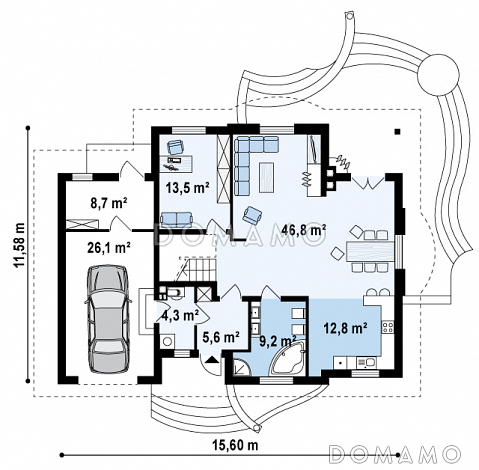 Проект одноэтажного мансардного дома из газобетона с двумя балконами, барбекю на террасе и гаражом  / План 1 этажа