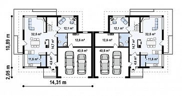 Проект двухэтажных домов-близнецов из кирпича с открытой террасой над большим гаражом / План 1 этажа