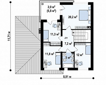 Проект загородного дома с подвалом, гаражом, террасой, балконом / План 2 этажа