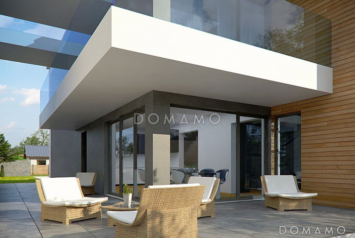 Проект современного двухэтажного дома из кирпича с плоской крышей с четырьмя спальнями, кабинетом, гаражом и большой площадью остекления