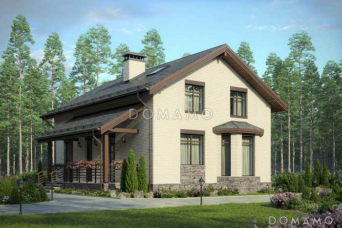 Проект дома с двумя спальнями на первом этаже, эркером, крытой террасой