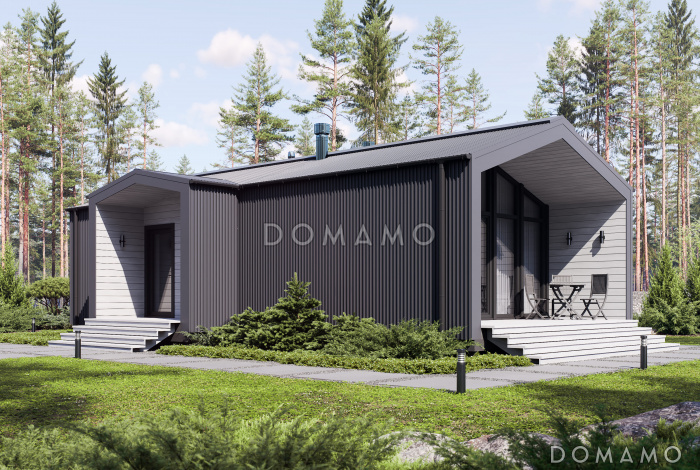 Проект каркасного дома в стиле барнхаус с одной спальней и кухней-гостиной