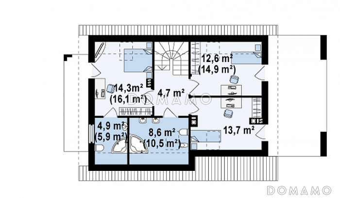 Проект одноэтажного мансардного дома из газобетона с дополнительной спальней на первом этаже, гаражом и террасой над ним / План мансардного этажа