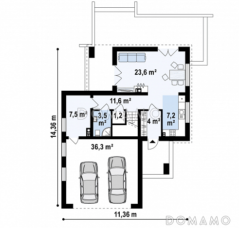Проект современного двухэтажного дома из кирпича в стиле кубизм с пристроенным гаражом для двух автомобилей / План 1 этажа
