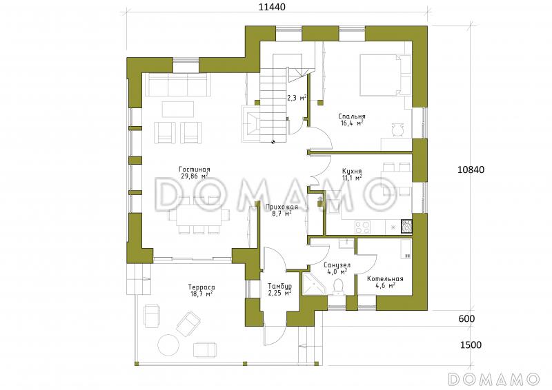 Проект коттеджа с двусветной гостиной и террасой. / План 1 этажа